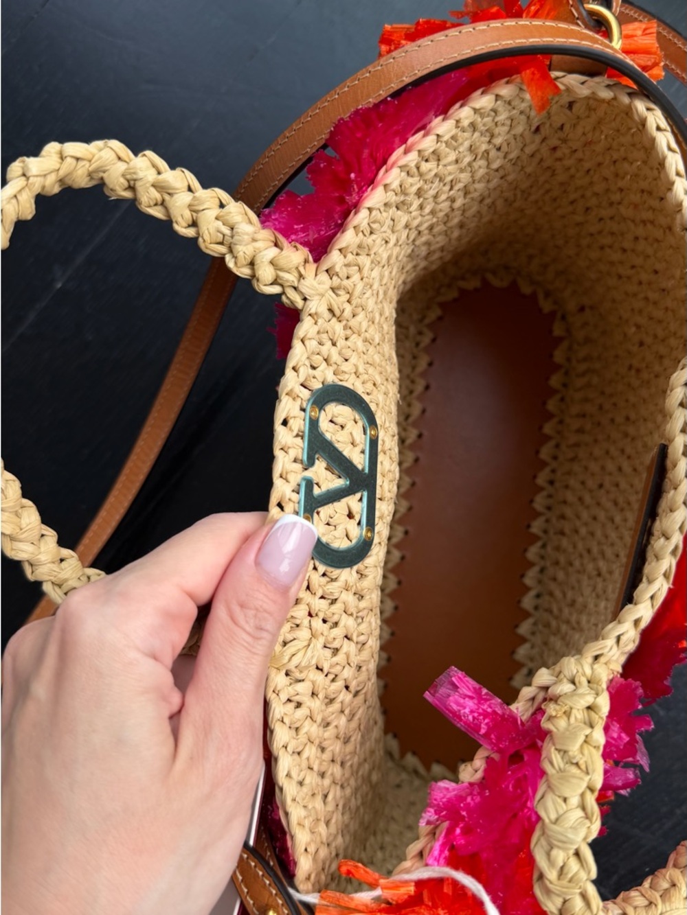 Valentino Garavani Raffia shopping Tote bagwith Pink and Orange Floral summer - Picture 3 of 9